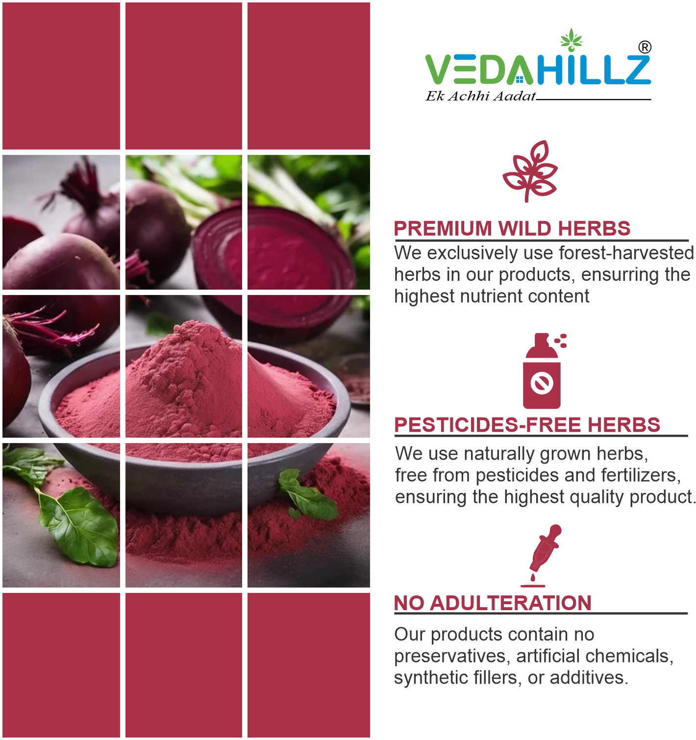 Vedahillz Beetroot Powder for Holistic Health and Vitality Made from Fresh Handpicked Beetroots